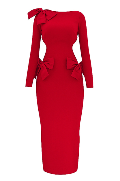 Bow Decor Long Sleeve Backless Slim Fit Side Slit Gowns Maxi Dresses-Red-Hayhty.All Rights Reserved.