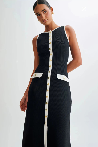 Colorblock Trim Round Neck Slim Fit Button Up Knit Midi Tank Dresses-Black-Hayhty.All Rights Reserved.