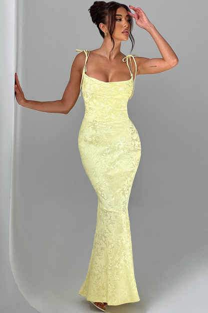 Lace Up Spaghetti Strap Slim Fit Jacquard Maxi Dresses-Yellow-Hayhty.All Rights Reserved.