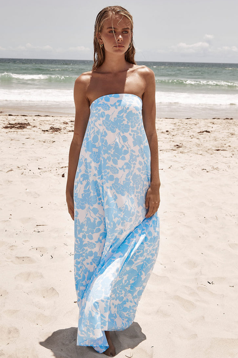 Floral Print Boat Neck Loose Fit Vacation Maxi Tube Dresses-Blue-Hayhty.All Rights Reserved.
