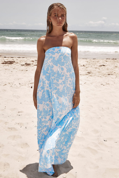 Floral Print Boat Neck Loose Fit Vacation Maxi Tube Dresses-Blue-Hayhty.All Rights Reserved.