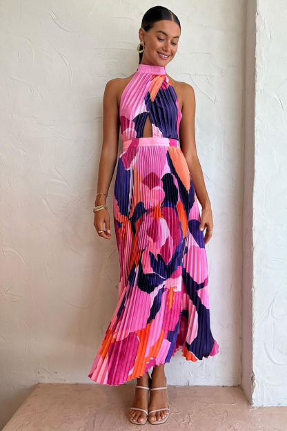 Halter Backless Floral Print Pleated Sleeveless Maxi Dresses-Hayhty.All Rights Reserved.