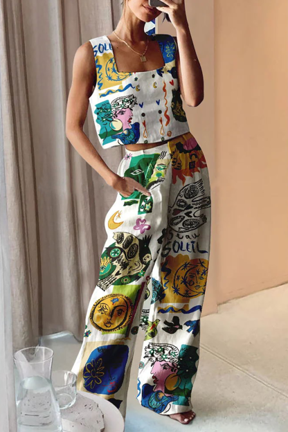 Abstract Mixed Print Crop Tank Top Wide Leg Pants Matching Set-White-Hayhty.All Rights Reserved.