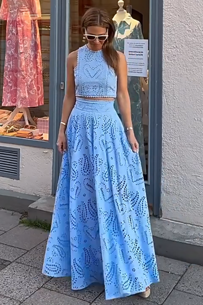 Hollow Out Pattern Sleeveless Crop Top High Waist Maxi Skirt Matching Set-Blue-Hayhty.All Rights Reserved.