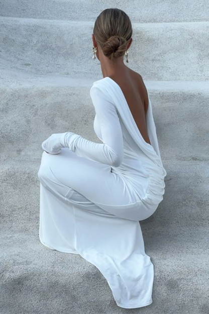 Open Back Long Sleeve Solid Color Ruched Bodycon Fishtail Maxi Dresses-White-Hayhty.All Rights Reserved.