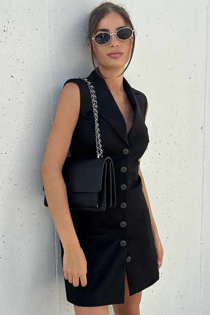 Lapel Collar Button Up Slim Fit Sleeveless Mini Dresses-Black-Hayhty.All Rights Reserved.