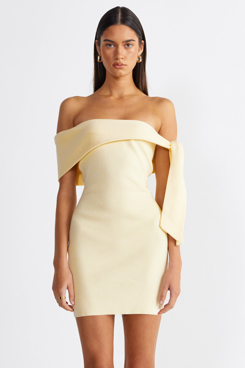 Asymmetrical Tie Up Strapless Bodycon Knit Mini Dresses-Yellow-Hayhty.All Rights Reserved.