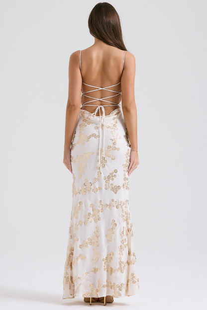 Shimmering Floral Pattern Lace Up Backless Fishtail Hem Slip Maxi Dresses-White-Hayhty.All Rights Reserved.