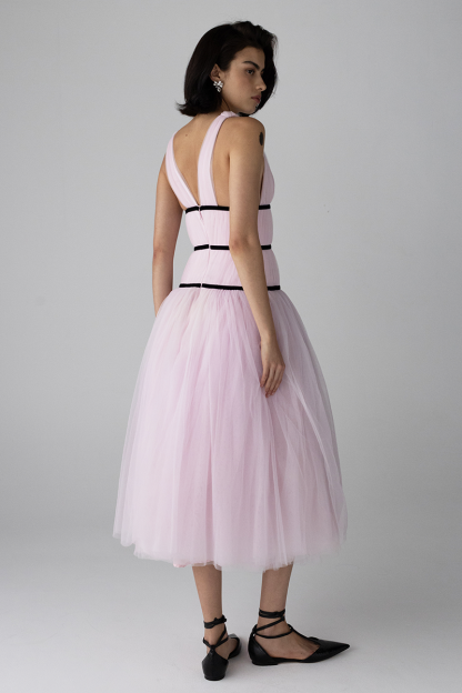 Ribbon Wrapped Deep V Neck Tulle A-Line Midi Dresses-Pink-Hayhty.All Rights Reserved.