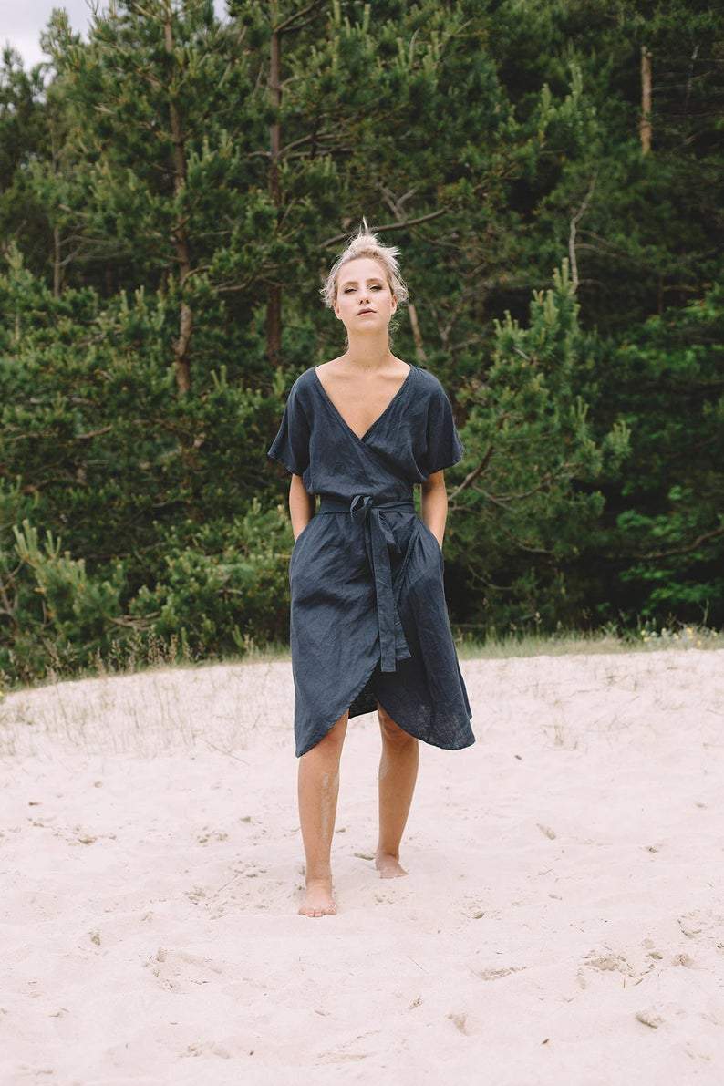 Wrap Linen Midi Dress-Hayhty.All Rights Reserved.
