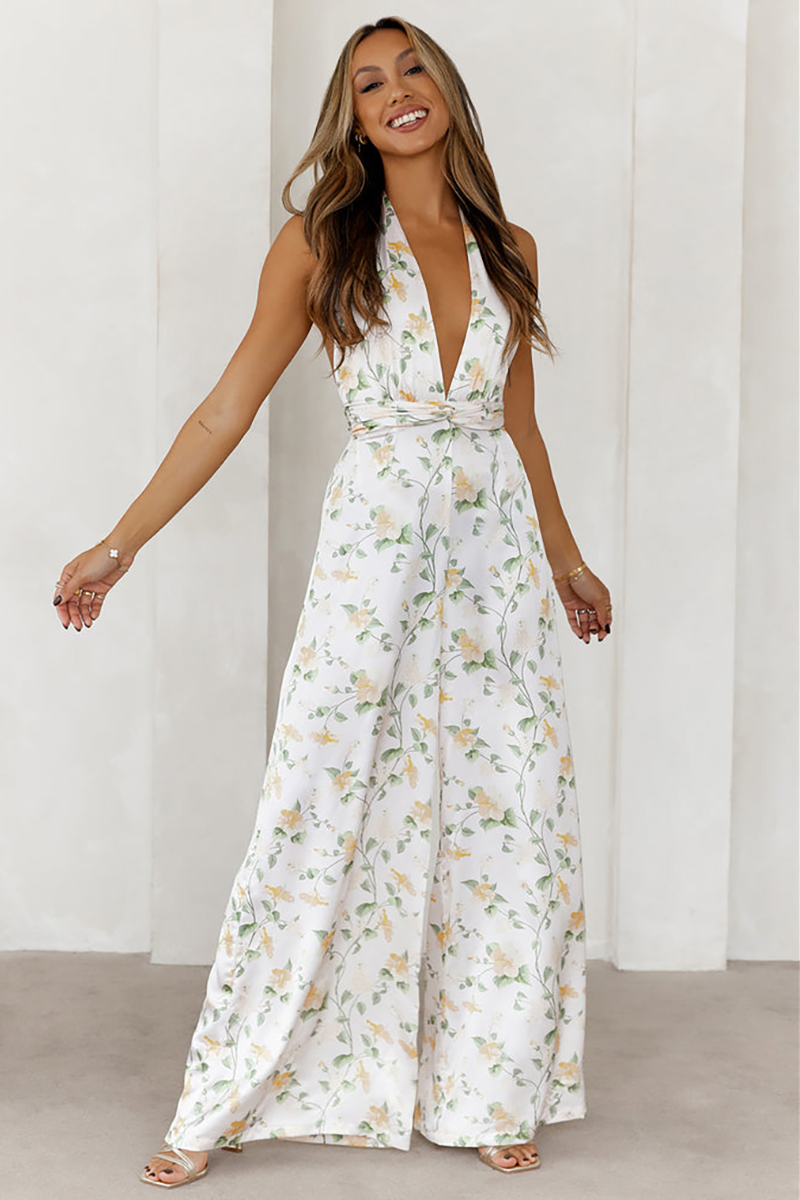 Floral Print Deep V Neck Halter Wide Leg Backless Jumpsuit-White-Hayhty.All Rights Reserved.