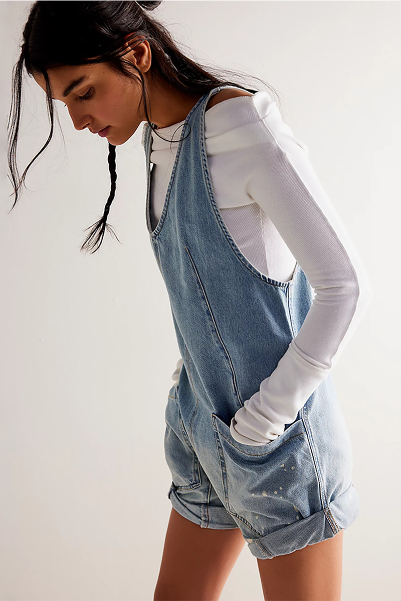 Deep V Neck Wide Straps Pockets Loose Fit Denim Casual Playsuit Romper-Blue-Hayhty.All Rights Reserved.