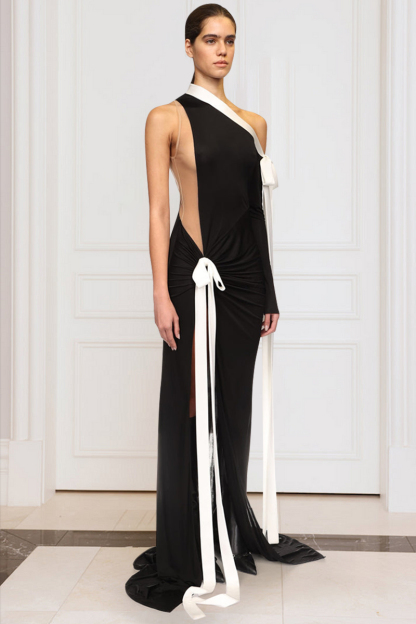 One Shoulder Long Sleeve Bow Slit Knit Slip Maxi Dresses-Black-Hayhty.All Rights Reserved.