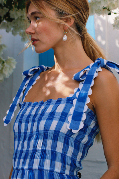 Plaid Pattern Tie Up Wide Straps Pocket A-Line Maxi Dresses-Blue-Hayhty.All Rights Reserved.