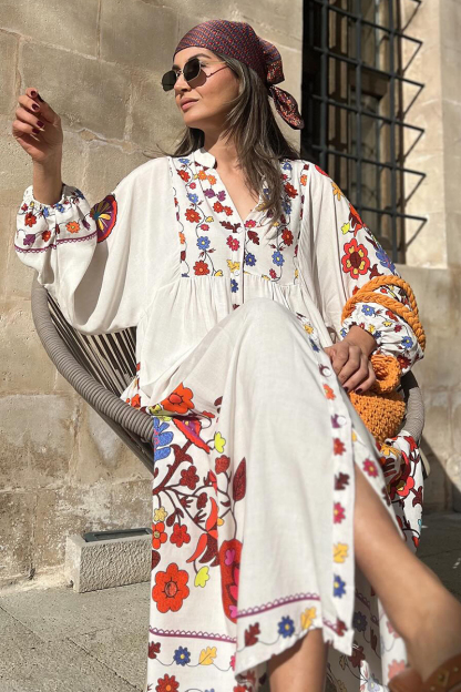 Long Sleeve Notched V Collar Floral Print Vacation Maxi Dresses-Hayhty.All Rights Reserved.