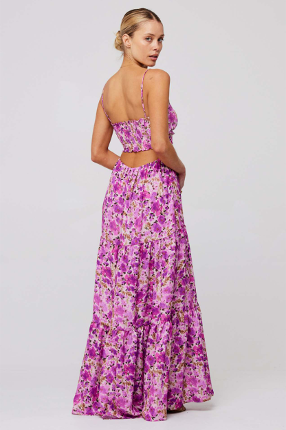 Floral Print Front Tie Up Spaghetti Strap Flowy Maxi Dresses-Orange-Hayhty.All Rights Reserved.