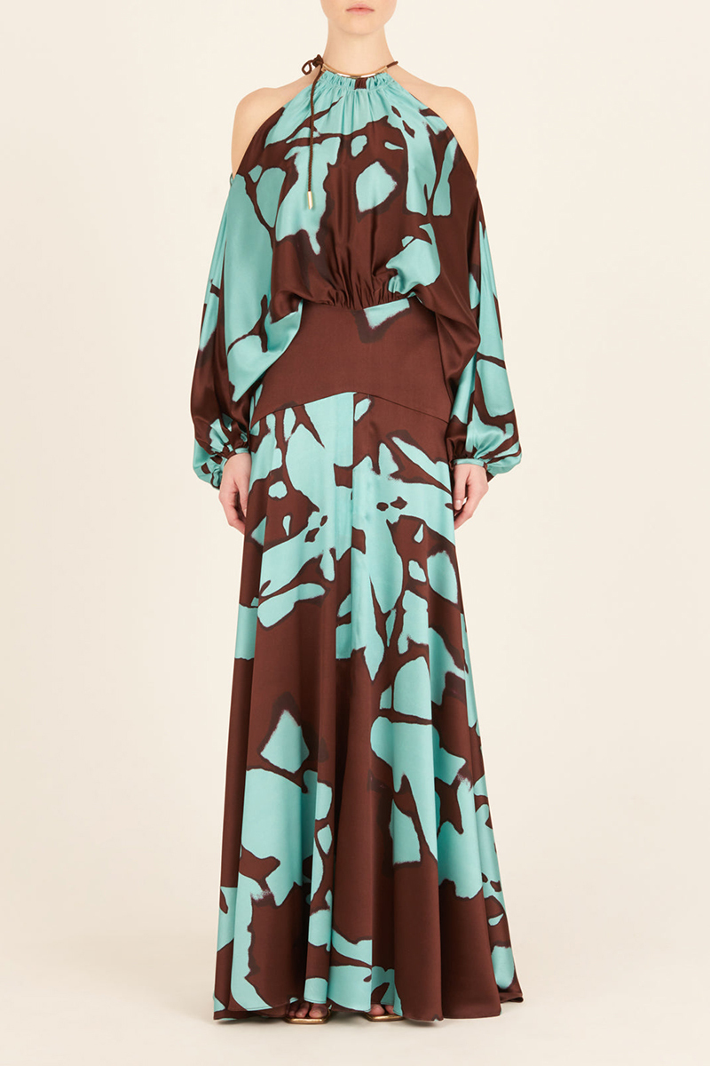 Cold Shoulder Halter Lantern Long Sleeve Cinch Waist Colorblock Maxi Dresses-Hayhty.All Rights Reserved.