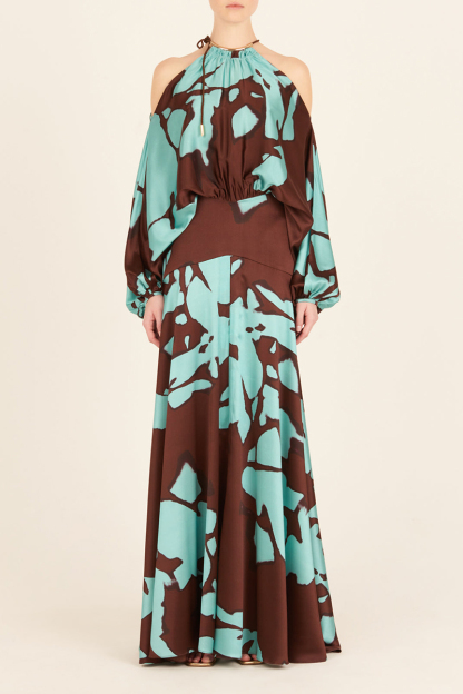Cold Shoulder Halter Lantern Long Sleeve Cinch Waist Colorblock Maxi Dresses-Hayhty.All Rights Reserved.