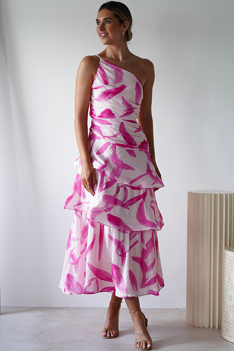 Pattern Print Tiered Hem One Shoulder Midi Dresses-Pink-Hayhty.All Rights Reserved.