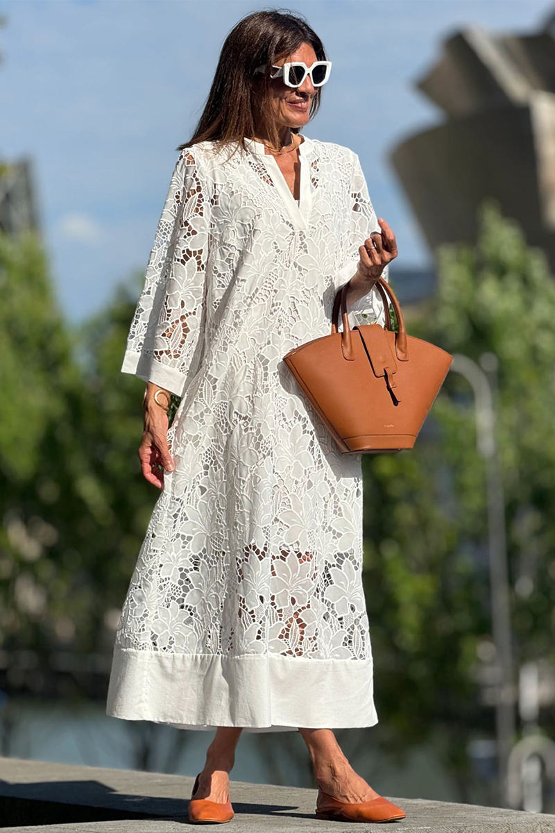 V Neck 3/4 Sleeve Floral Pattern Lace Loose Fit Cover Ups Midi Dresses-White-Hayhty.All Rights Reserved.