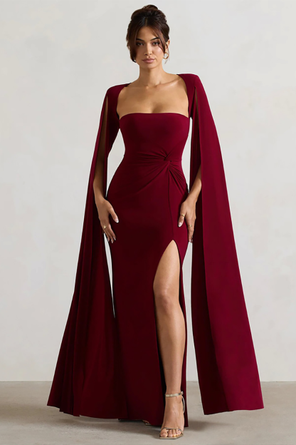 Boat Neck Caped Sleeve Ruched Bodycon Slit Gowns Maxi Dresses-Burgundy-Hayhty.All Rights Reserved.