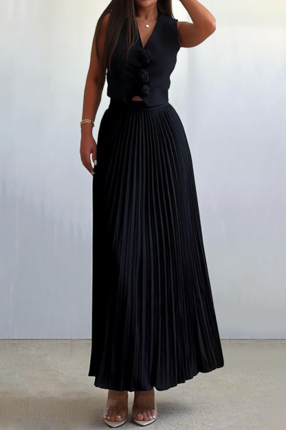 3D Flower Decor V Neck Vest Pleated Maxi Skirt Matching Set-White-Hayhty.All Rights Reserved.