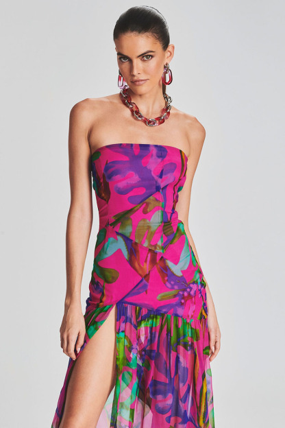Tropical Print Strapless Mesh Patchwork Slit Hem Vacation Maxi Dress-Hayhty.All Rights Reserved.
