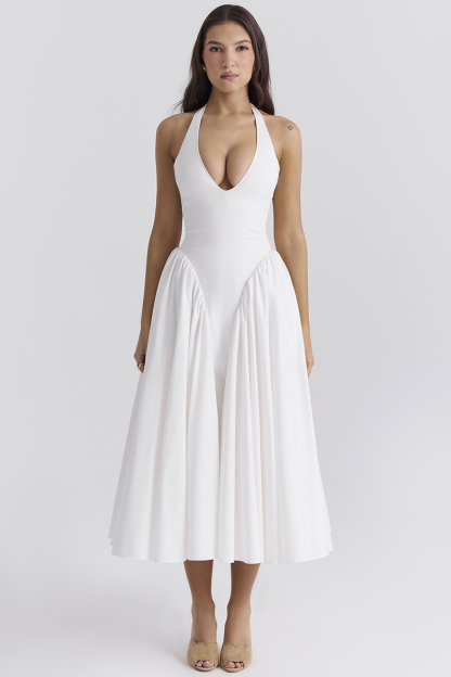 Deep V Neck Halter Cinch Waist Plain Midi Dresses-White-Hayhty.All Rights Reserved.