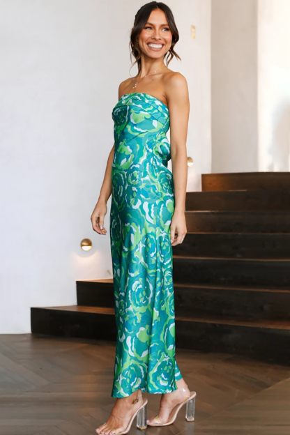 Floral Print Strapless Cut Out Flowy Satin Vacation Maxi Dresses-Hayhty.All Rights Reserved.