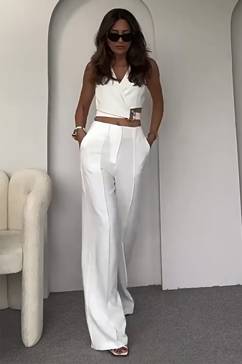 V Neck Metal Decor Crop Vest Wide Leg Pants Matching Set-White-Hayhty.All Rights Reserved.