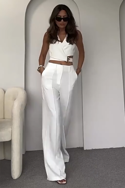 V Neck Metal Decor Crop Vest Wide Leg Pants Matching Set-White-Hayhty.All Rights Reserved.