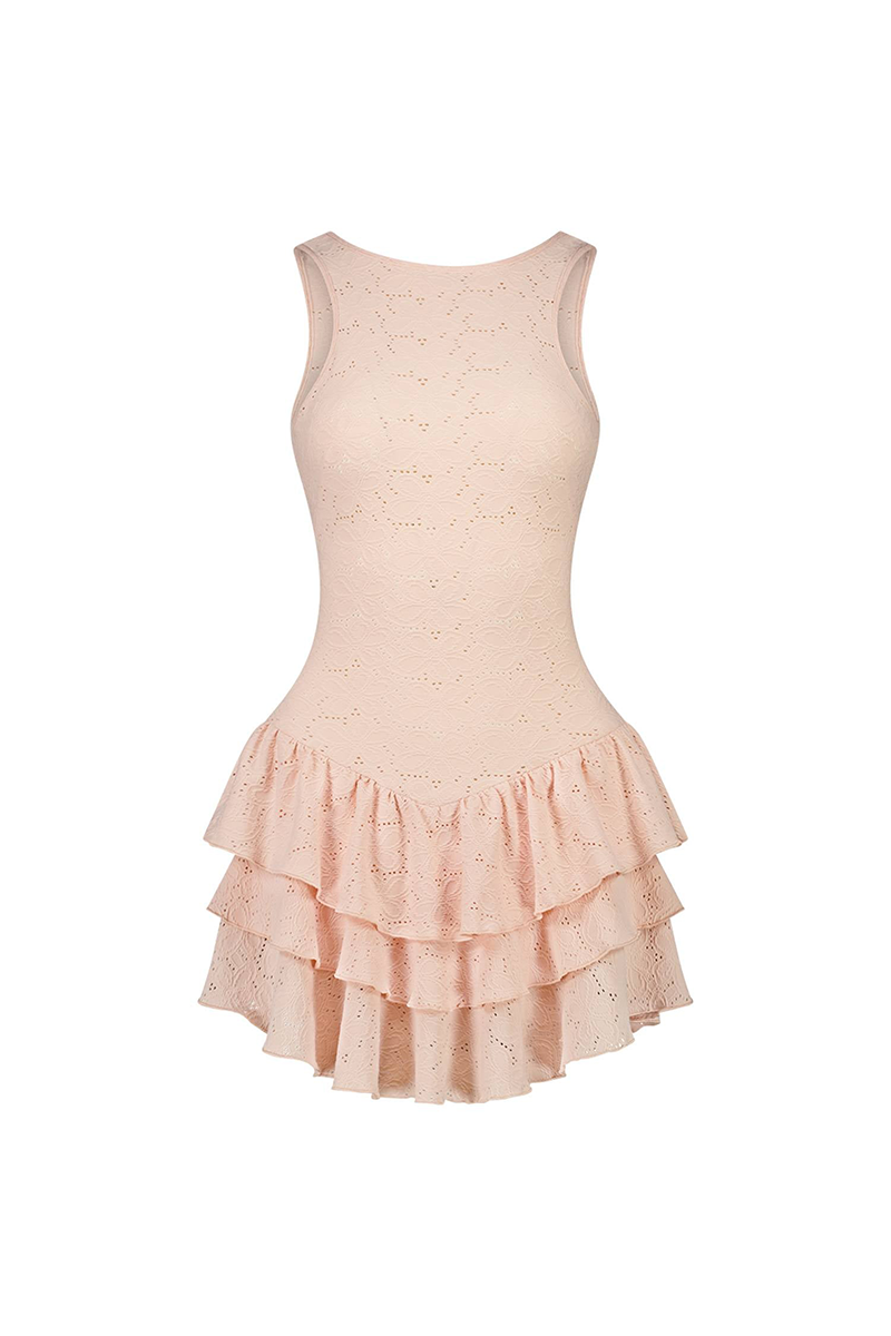 Hollow Out Tiered Ruffled Hem Backless Knit Mini Tank Dresses-Pink-Hayhty.All Rights Reserved.