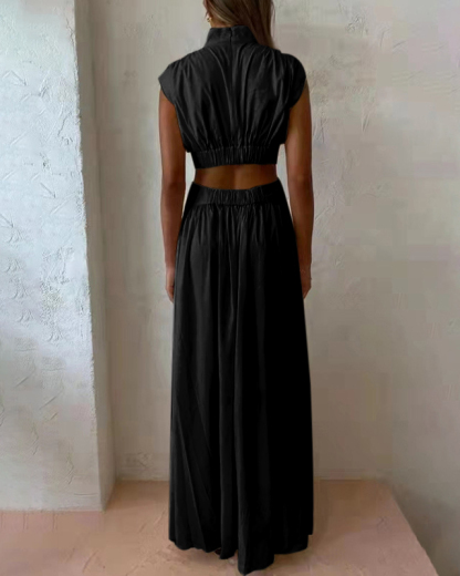Stand Collar Sleeveless Open Waist Dress Maxi Dresses-Hayhty.All Rights Reserved.