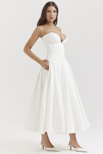 Deep V Neck Strapless Corset A-Line Pleated Midi Dresses-Black-Hayhty.All Rights Reserved.