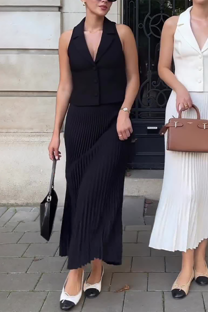 Deep V Neck Waistcoat Pleated Midi Skirt Matching Set-Burgundy-Hayhty.All Rights Reserved.