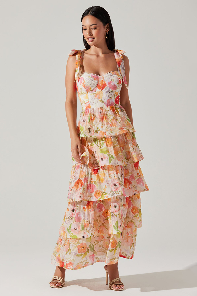 Tied Up Straps Floral Print Layered Hem Maxi Dresses-Orange-Hayhty.All Rights Reserved.