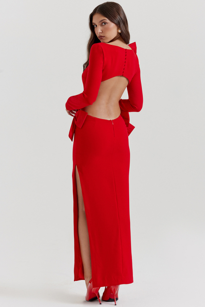 Bow Decor Long Sleeve Backless Slim Fit Side Slit Gowns Maxi Dresses-Red-Hayhty.All Rights Reserved.