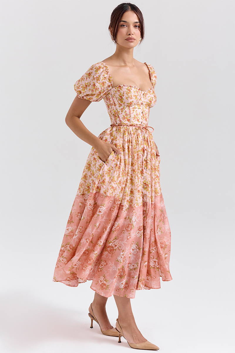 Floral Print Puff Sleeve Cinch Waist Colorblock Midi Dresses-Orange-Hayhty.All Rights Reserved.