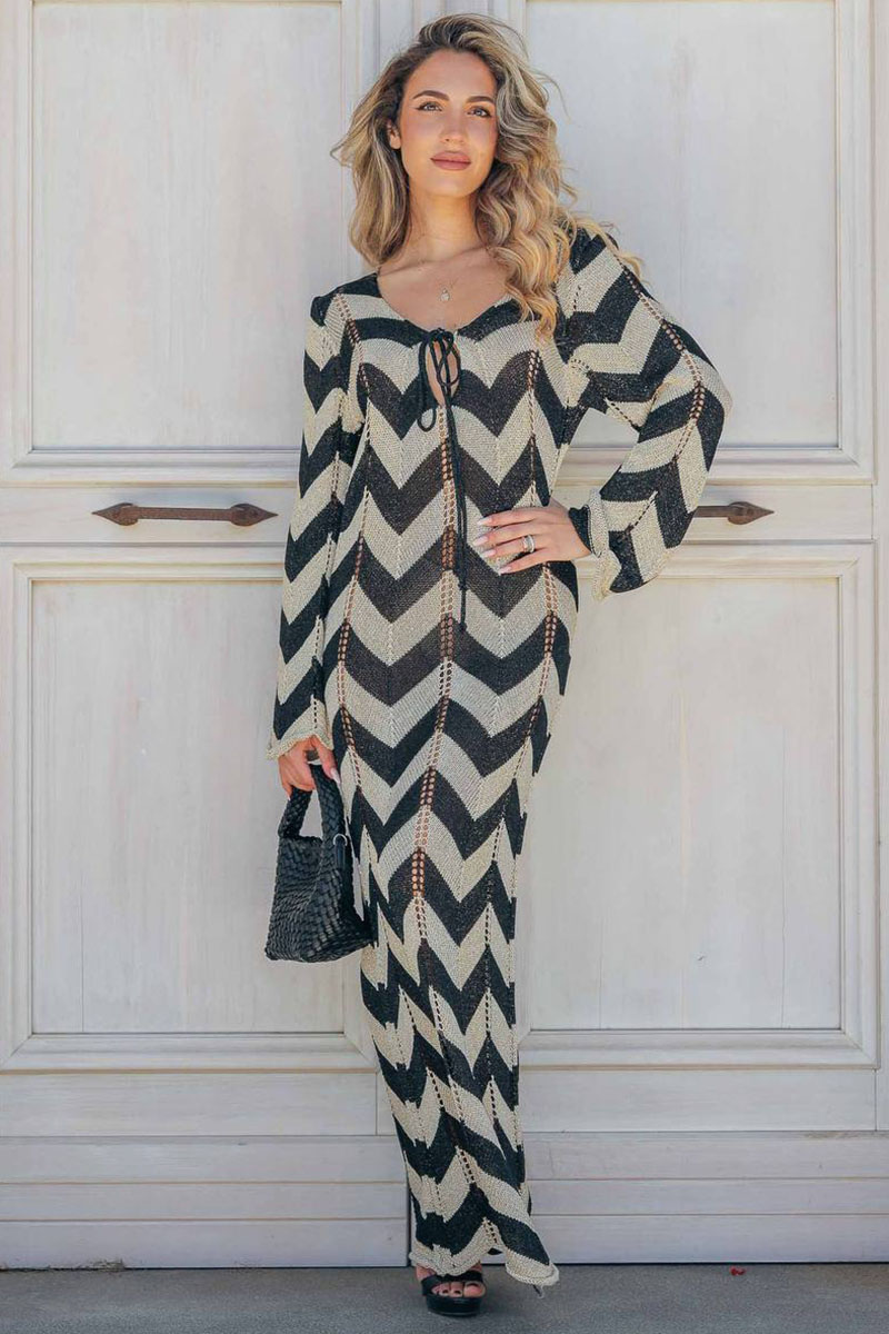 Colorblock Wavy Crochet Long Sleeve Vacation Cover-Up Maxi Dresses-Black-Hayhty.All Rights Reserved.