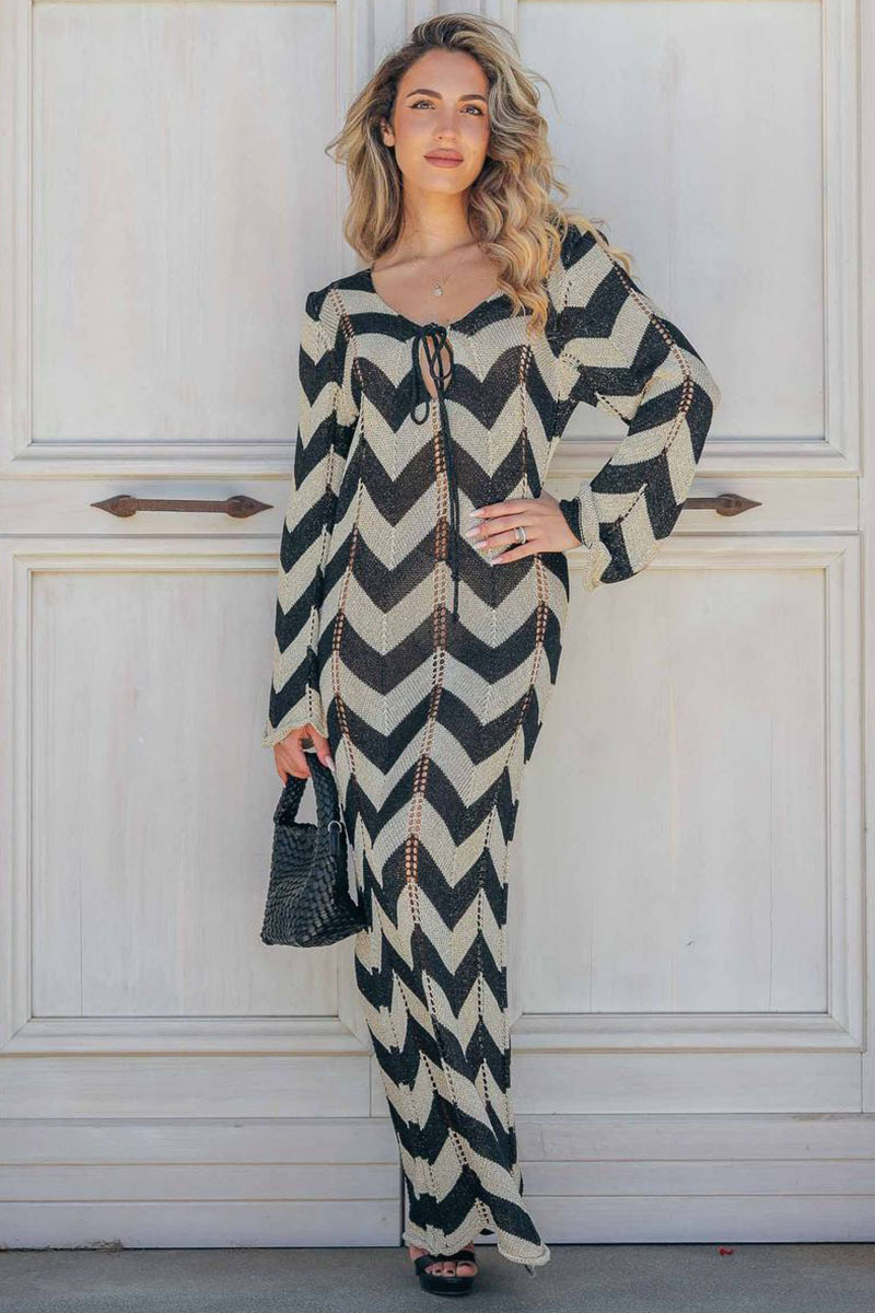 Colorblock Wavy Crochet Long Sleeve Vacation Cover-Up Maxi Dresses-Black-Hayhty.All Rights Reserved.