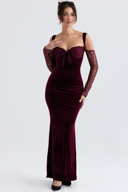 Cold Shoulder Lace Sleeve Bodycon Velvet Formal Party Maxi Dresses-Hayhty.All Rights Reserved.