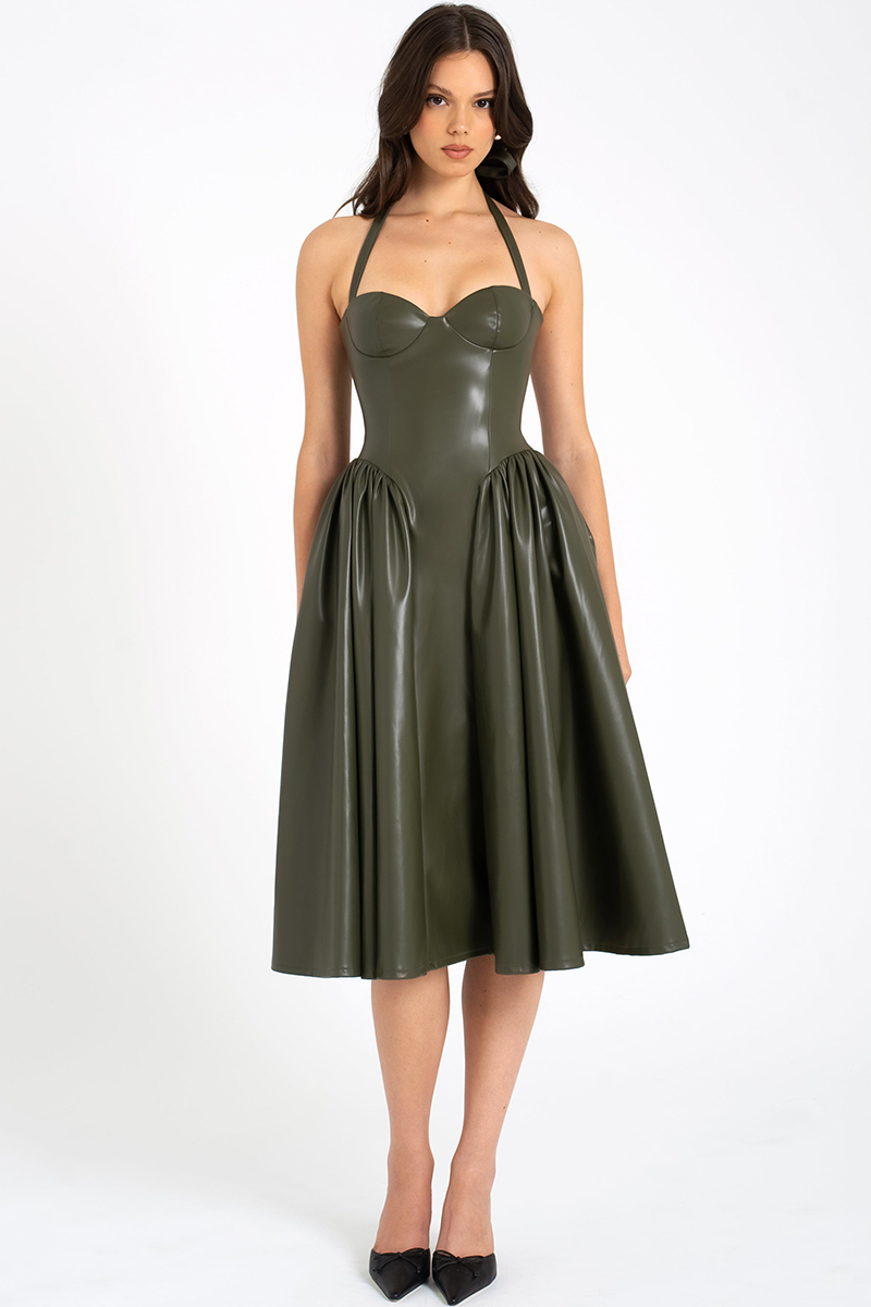 Halter Neck Corset Design Pleated Vegan Leather Midi Dresses-Olive-Hayhty.All Rights Reserved.