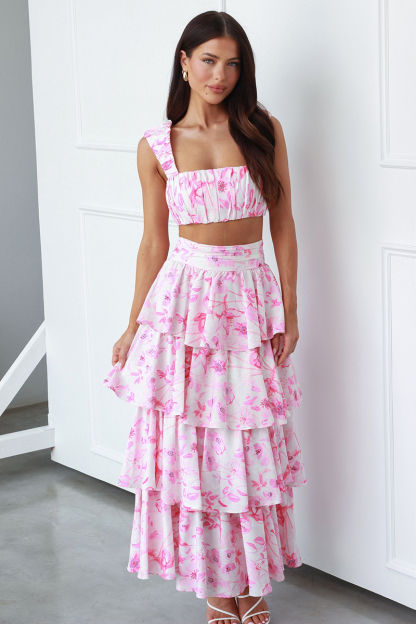Square Neck Ruched Sleeveless Crop Top High Waist Layered Maxi Skirt Floral Print Matching Set-Hayhty.All Rights Reserved.