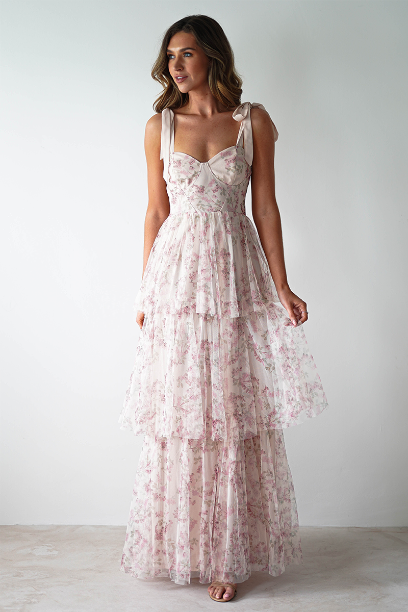 Tie Up Straps Cinch Waist Floral Print Tiered Maxi Dresses-Pink-Hayhty.All Rights Reserved.