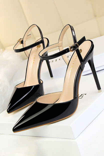 Burnished Plain Pointy Toe Ankle Strap Buckle Stiletto Heels-Hayhty.All Rights Reserved.