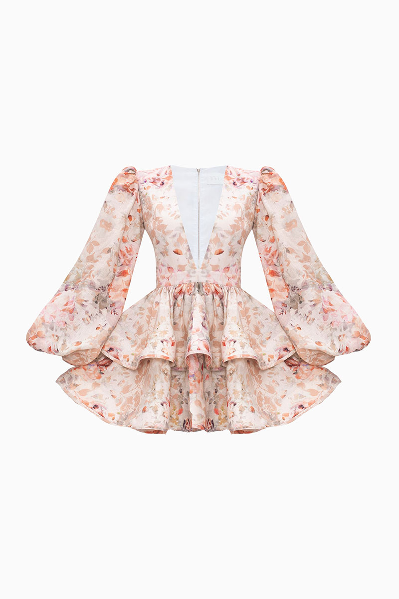 Floral Print V Neck Balloon Sleeve Party Ruffle Mini Dresses-Hayhty.All Rights Reserved.
