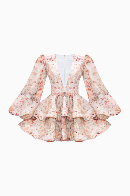 Floral Print V Neck Balloon Sleeve Party Ruffle Mini Dresses-Hayhty.All Rights Reserved.