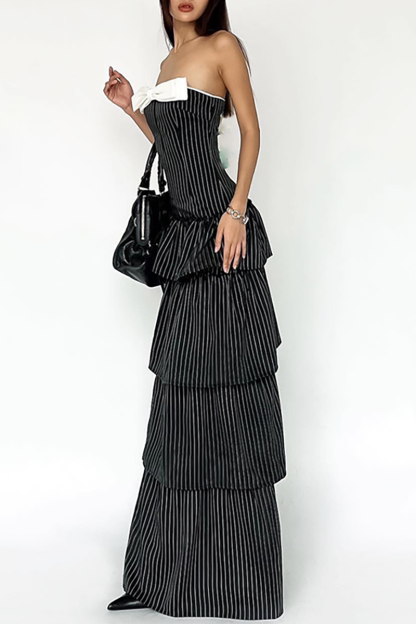 Bow Decor Strapless Striped Print Tiered Hem High Slit Maxi Dresses-Black-Hayhty.All Rights Reserved.