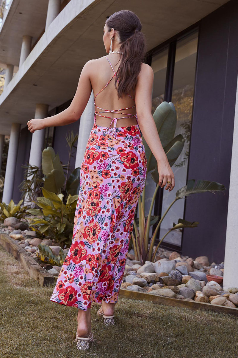 Cross Cami Boat Neck Backless Tied Up Floral Print Vacation Slim Maxi Dresses-Hayhty.All Rights Reserved.
