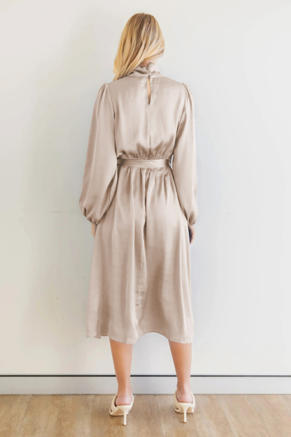 Ruched Knotted Long Sleeve Satin Midi Dresses-Hayhty.All Rights Reserved.
